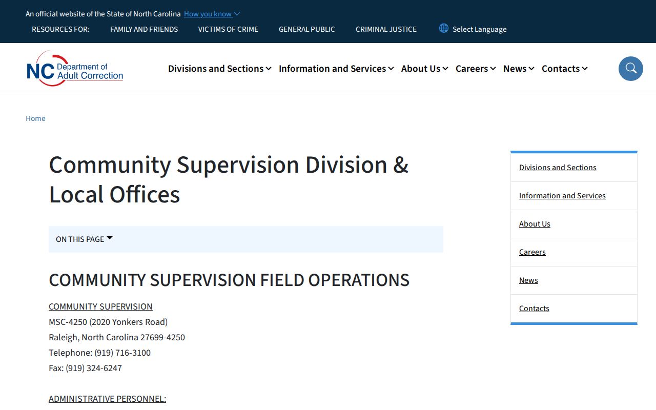 NCDAC Community Supervision local offices directory