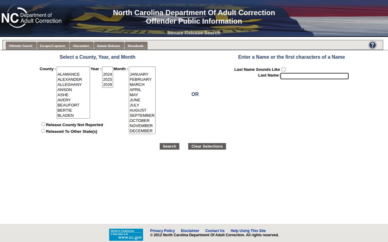 North Carolina NCDAC monthly inmate release search
